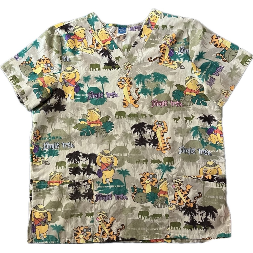DISNEY Winnie the Pooh Jungle Cruise Print Scrub Top  Unisex Pooh Bear Tigger XL